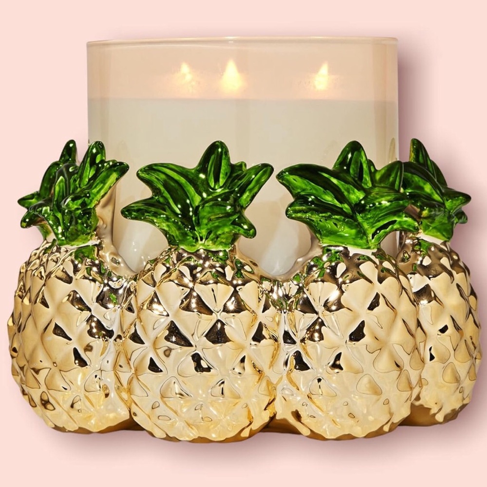 NWT Bath & Body Works Pineapple Ring 3 Wick Ceramic Candle Holder Green & Gold